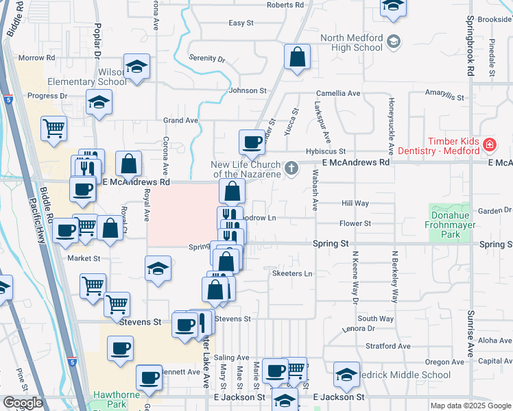 map of restaurants, bars, coffee shops, grocery stores, and more near 1774 East McAndrews Road in Medford