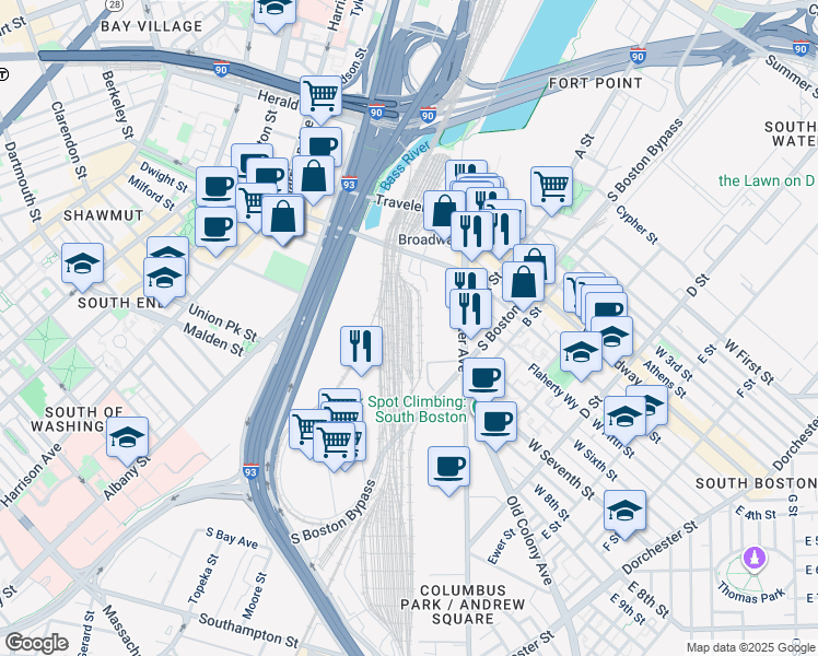 map of restaurants, bars, coffee shops, grocery stores, and more near 163 Dorchester Ave in Boston