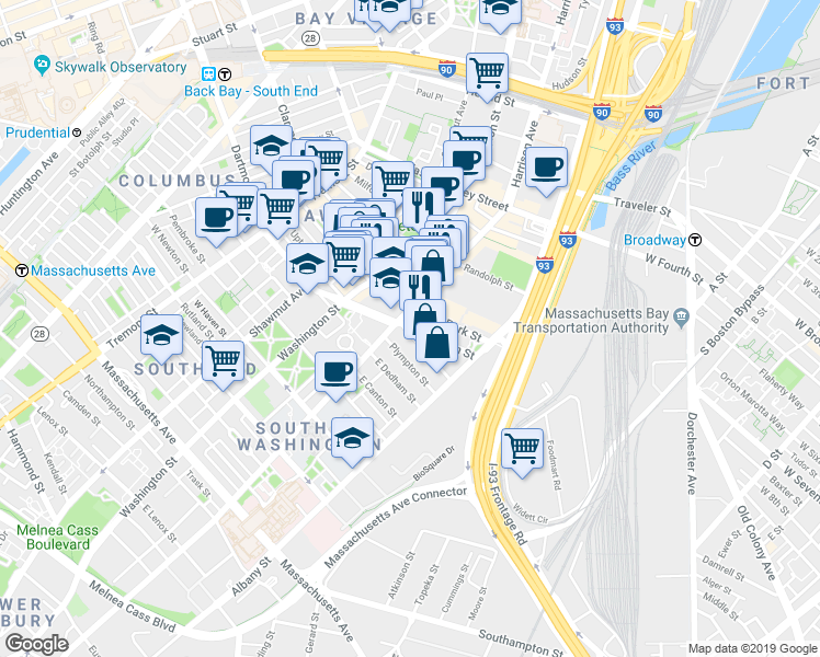 map of restaurants, bars, coffee shops, grocery stores, and more near 75 Union Park Street in Boston