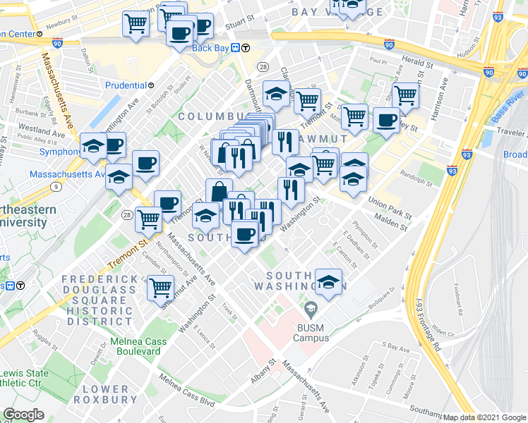 map of restaurants, bars, coffee shops, grocery stores, and more near 31a San Juan Street in Boston