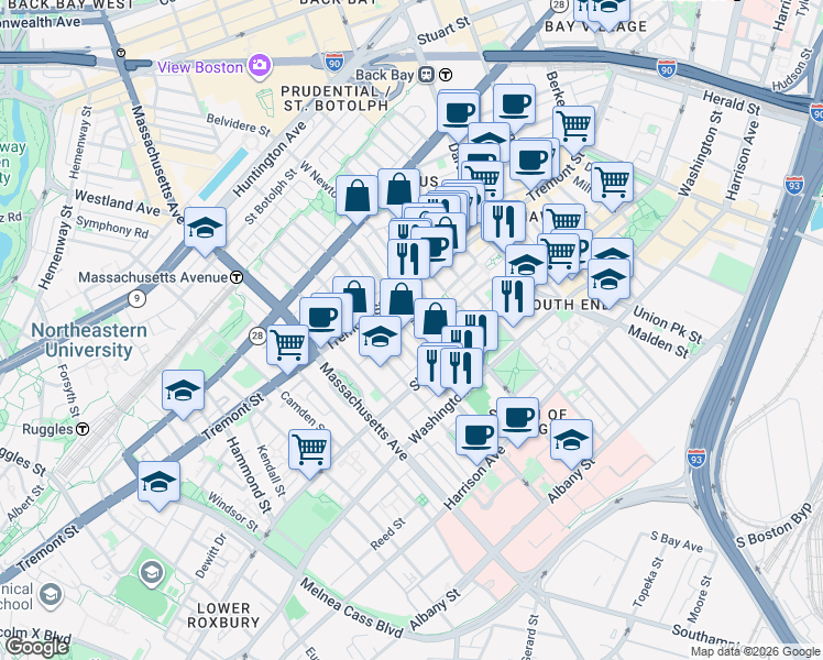 map of restaurants, bars, coffee shops, grocery stores, and more near 86 West Haven Street in Boston