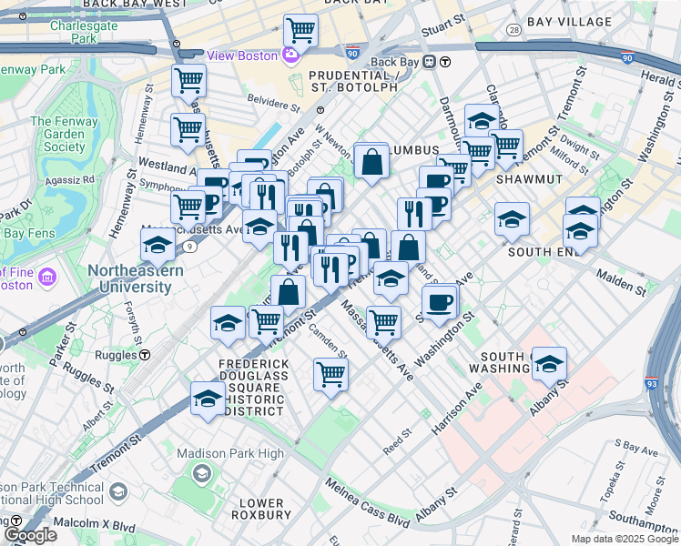 map of restaurants, bars, coffee shops, grocery stores, and more near 212 West Springfield Street in Boston