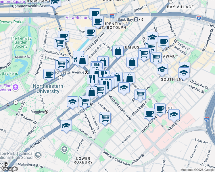 map of restaurants, bars, coffee shops, grocery stores, and more near 212 West Springfield Street in Boston