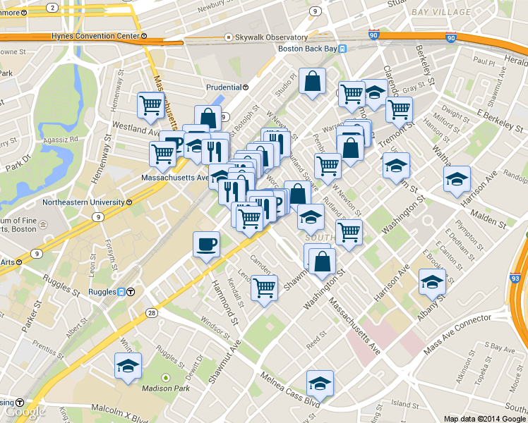 map of restaurants, bars, coffee shops, grocery stores, and more near 212 West Springfield Street in Boston