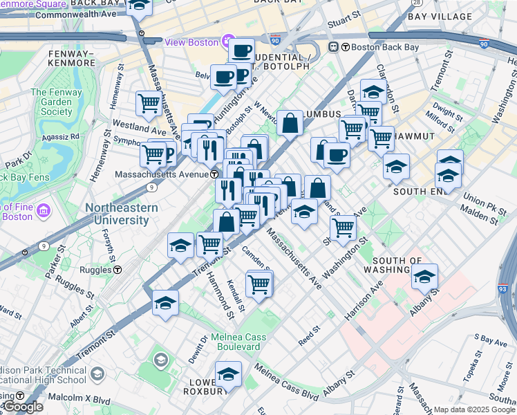 map of restaurants, bars, coffee shops, grocery stores, and more near 212 West Springfield Street in Boston