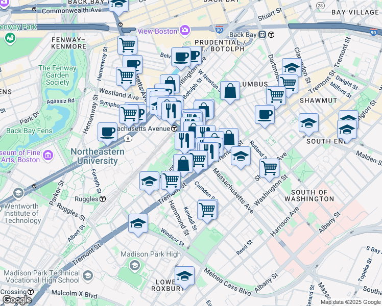 map of restaurants, bars, coffee shops, grocery stores, and more near in Boston