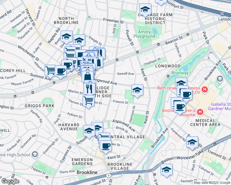 map of restaurants, bars, coffee shops, grocery stores, and more near 89 Longwood Avenue in Brookline