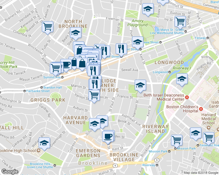 map of restaurants, bars, coffee shops, grocery stores, and more near 118 Saint Paul Street in Brookline