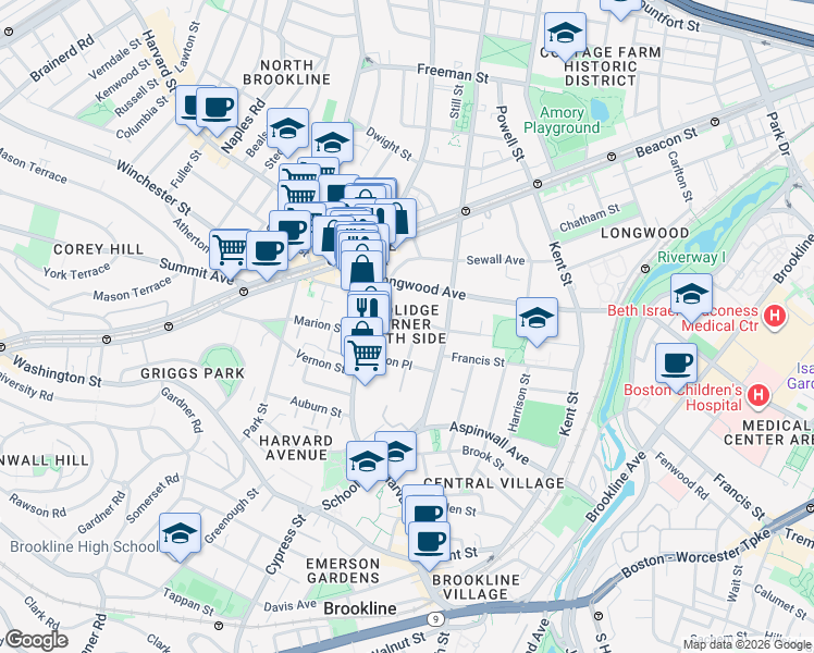 map of restaurants, bars, coffee shops, grocery stores, and more near 20 Stearns Road in Brookline
