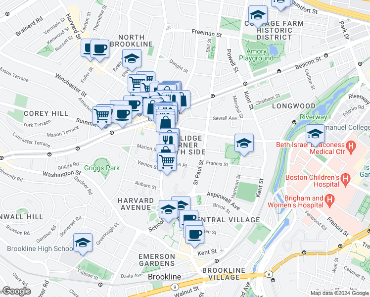 map of restaurants, bars, coffee shops, grocery stores, and more near 20 Stearns Road in Brookline