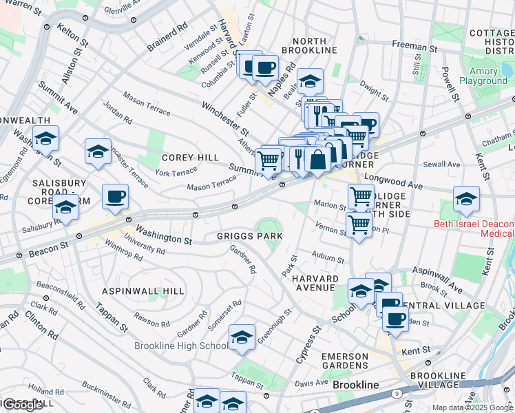 map of restaurants, bars, coffee shops, grocery stores, and more near 1443 Beacon Street in Brookline