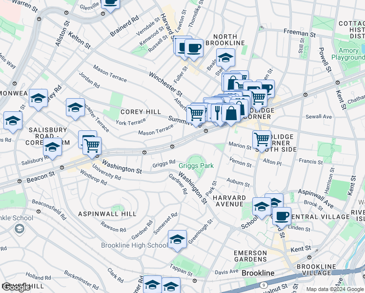 map of restaurants, bars, coffee shops, grocery stores, and more near 1476 Beacon Street in Brookline