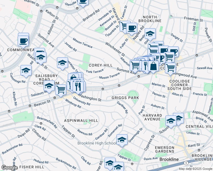 map of restaurants, bars, coffee shops, grocery stores, and more near 1514 Beacon Street in Brookline
