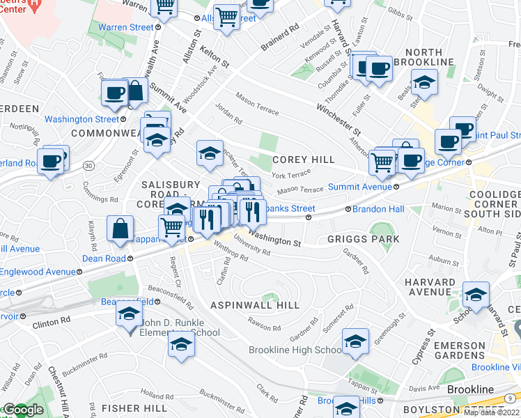 map of restaurants, bars, coffee shops, grocery stores, and more near 25 Westbourne Terrace in Brookline