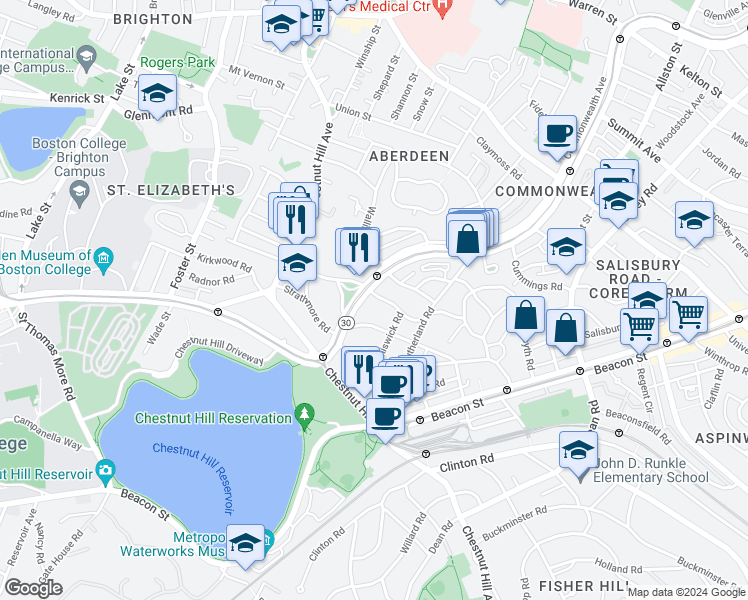 map of restaurants, bars, coffee shops, grocery stores, and more near in Boston