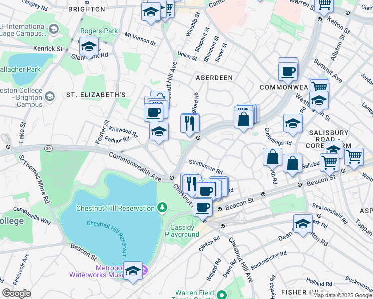 map of restaurants, bars, coffee shops, grocery stores, and more near 32 Sidlaw Road in Boston