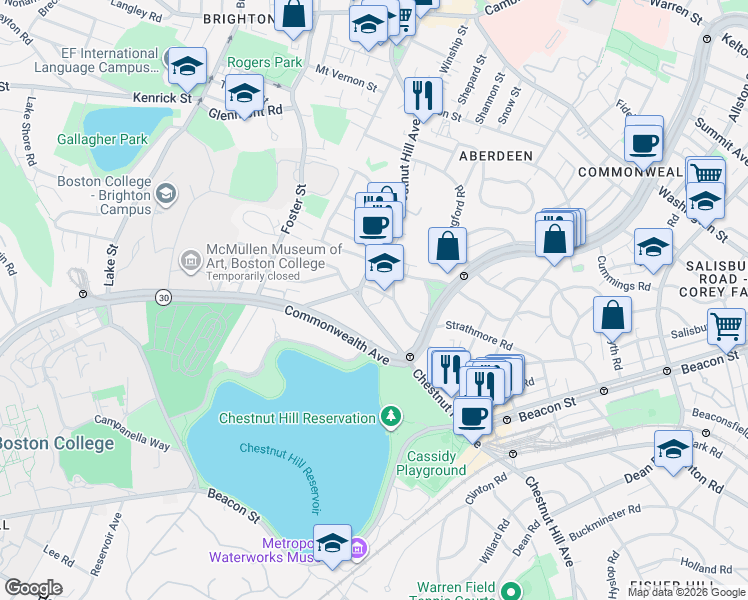 map of restaurants, bars, coffee shops, grocery stores, and more near 186 Chestnut Hill Avenue in Boston