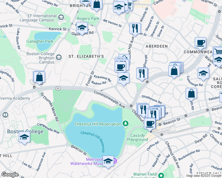 map of restaurants, bars, coffee shops, grocery stores, and more near 217 Chestnut Hill Avenue in Boston