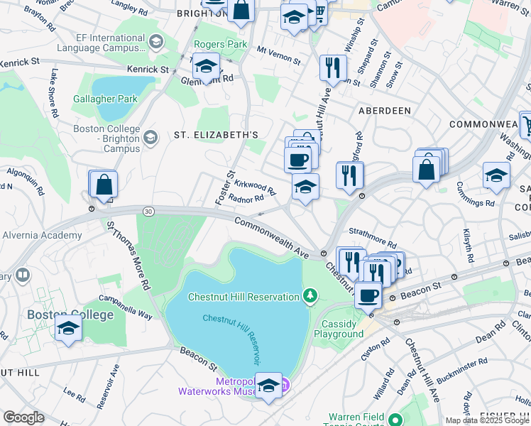 map of restaurants, bars, coffee shops, grocery stores, and more near 49 Radnor Road in Boston