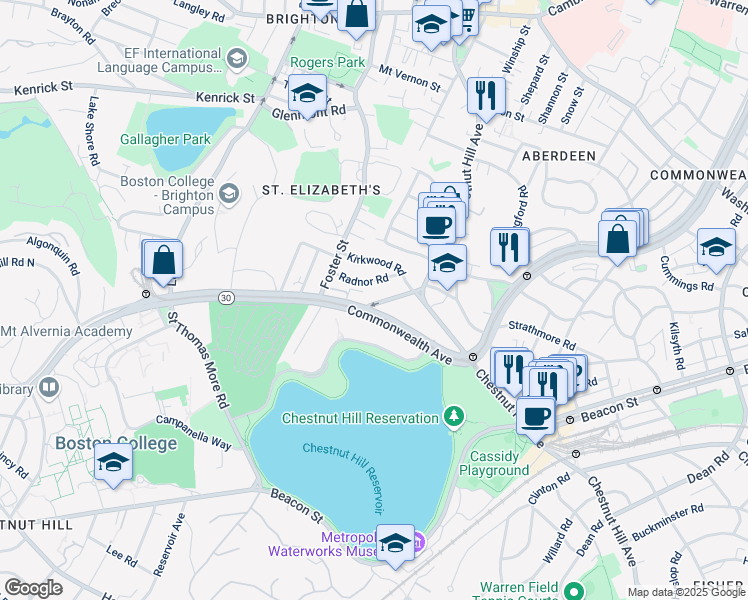 map of restaurants, bars, coffee shops, grocery stores, and more near 49 Radnor Road in Boston