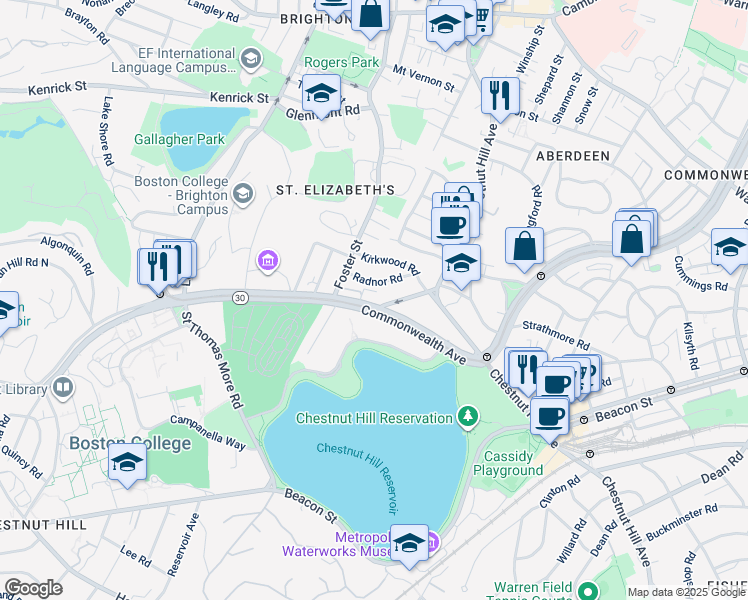 map of restaurants, bars, coffee shops, grocery stores, and more near 15 Radnor Road in Boston