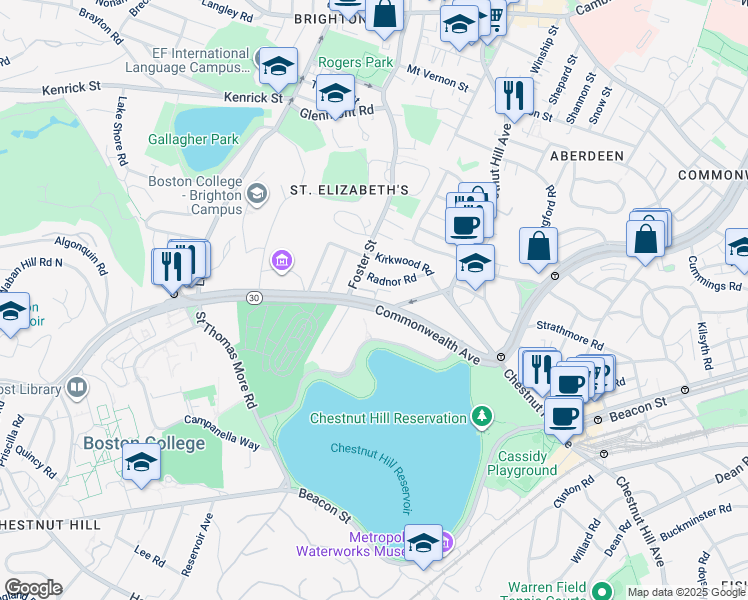 map of restaurants, bars, coffee shops, grocery stores, and more near 15 Radnor Road in Boston
