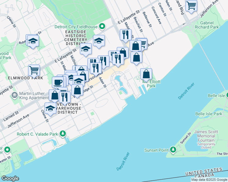 map of restaurants, bars, coffee shops, grocery stores, and more near 3320 Spinnaker Lane in Detroit