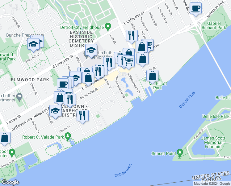 map of restaurants, bars, coffee shops, grocery stores, and more near 3320 Spinnaker Lane in Detroit