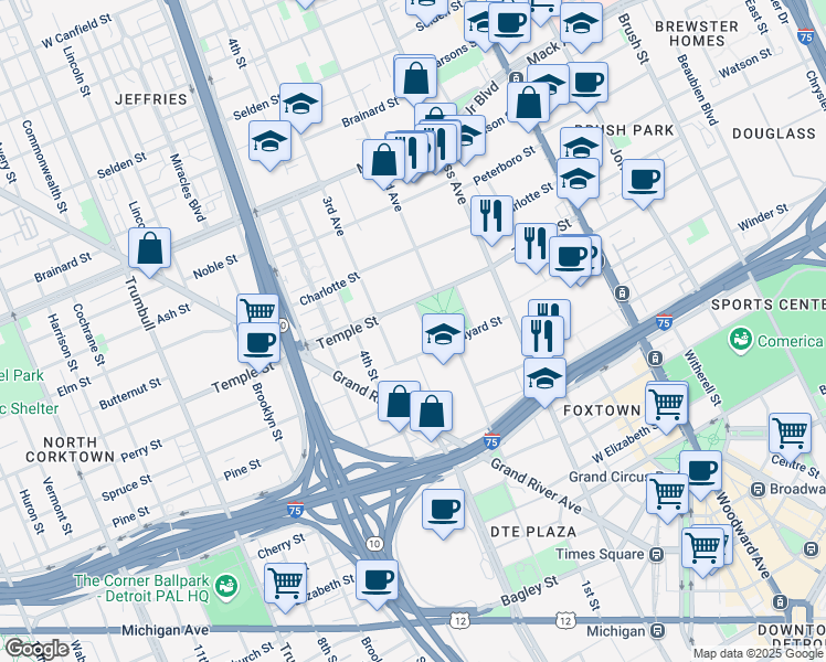 map of restaurants, bars, coffee shops, grocery stores, and more near 2733 2nd Avenue in Detroit
