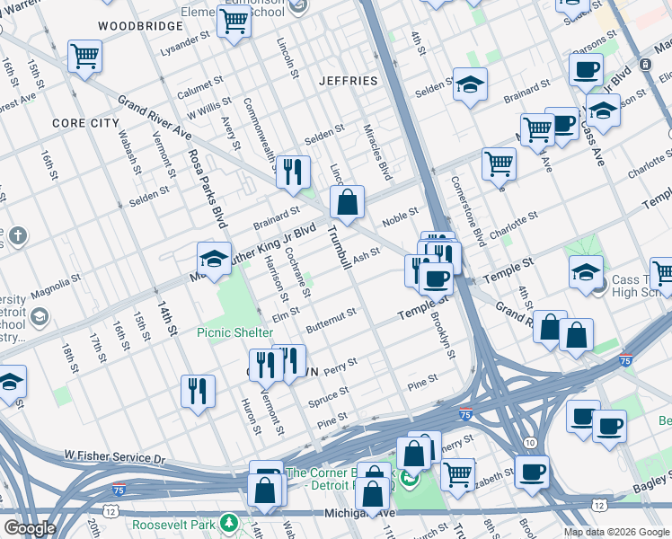 map of restaurants, bars, coffee shops, grocery stores, and more near 1539 Sycamore Street in Detroit