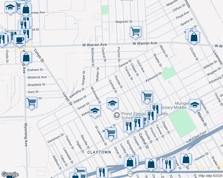 map of restaurants, bars, coffee shops, grocery stores, and more near 7720 Dayton Street in Detroit