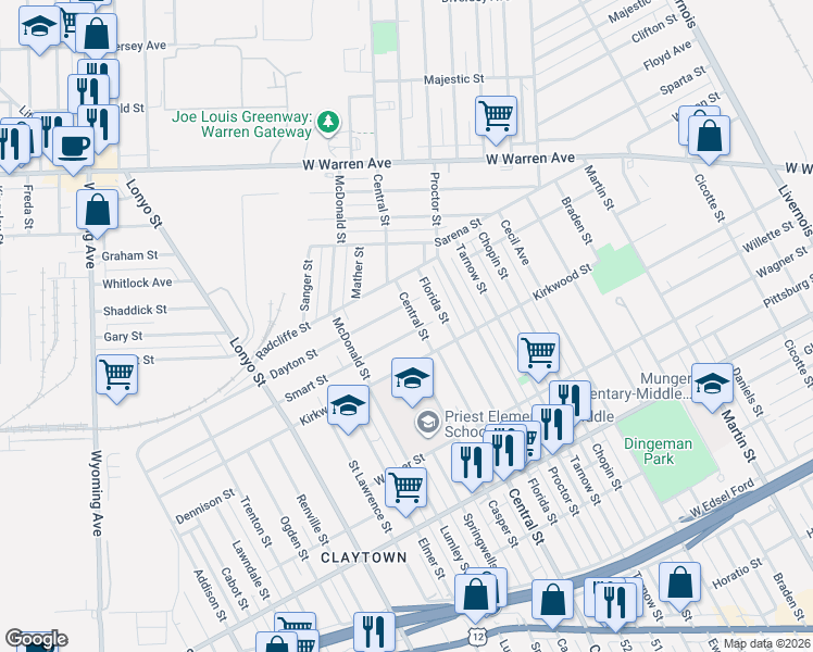 map of restaurants, bars, coffee shops, grocery stores, and more near 7720 Dayton Street in Detroit