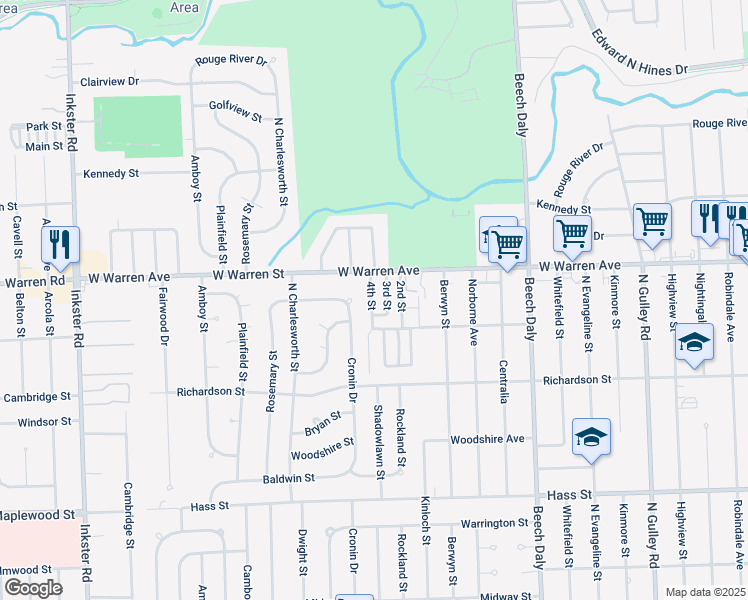 map of restaurants, bars, coffee shops, grocery stores, and more near 76 3rd Street in Dearborn Heights