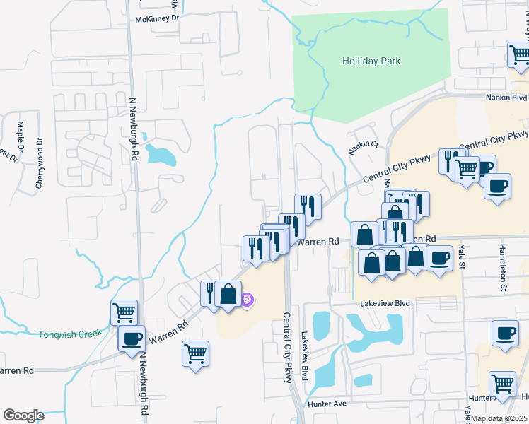 map of restaurants, bars, coffee shops, grocery stores, and more near 7350 Drew Circle in Westland