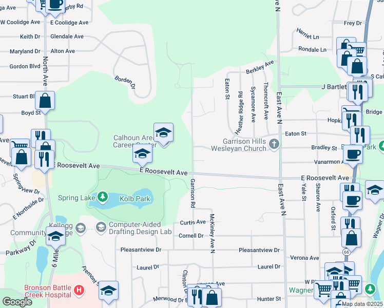 map of restaurants, bars, coffee shops, grocery stores, and more near 531 Garrison Avenue in Battle Creek
