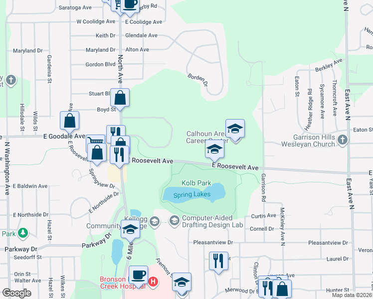 map of restaurants, bars, coffee shops, grocery stores, and more near 423-533 East Roosevelt Avenue in Battle Creek