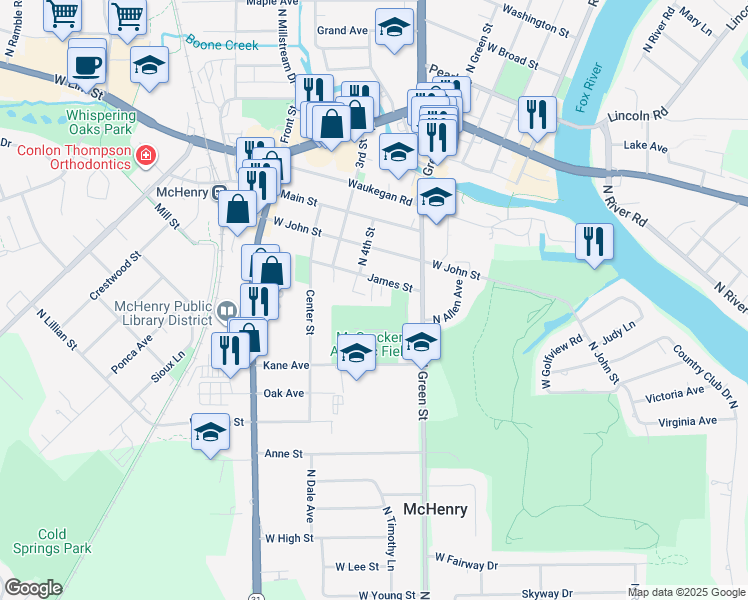 map of restaurants, bars, coffee shops, grocery stores, and more near 3605 James Street in McHenry