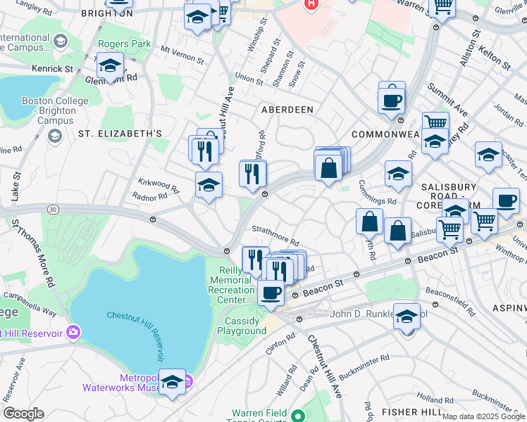 map of restaurants, bars, coffee shops, grocery stores, and more near 1800 Commonwealth Avenue in Boston