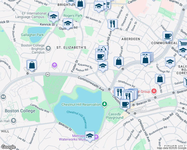 map of restaurants, bars, coffee shops, grocery stores, and more near 217 Chestnut Hill Avenue in Boston