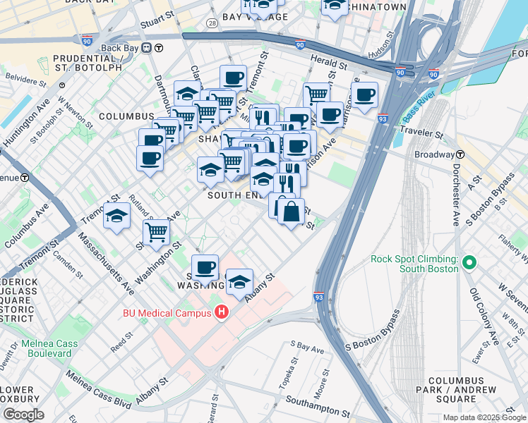 map of restaurants, bars, coffee shops, grocery stores, and more near 601 Harrison Avenue in Boston