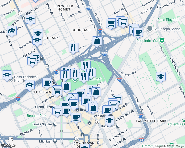 map of restaurants, bars, coffee shops, grocery stores, and more near 2000 Brush Street in Detroit