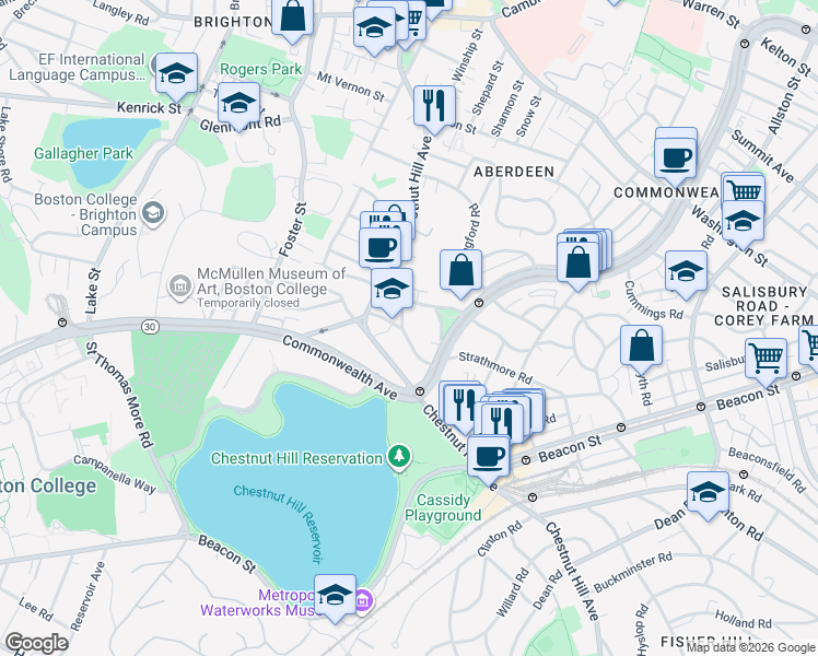 map of restaurants, bars, coffee shops, grocery stores, and more near 186 Chestnut Hill Avenue in Boston
