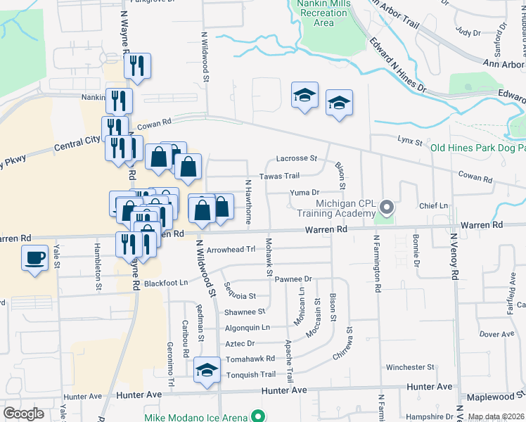 map of restaurants, bars, coffee shops, grocery stores, and more near 7324 North Hawthorne Street in Westland