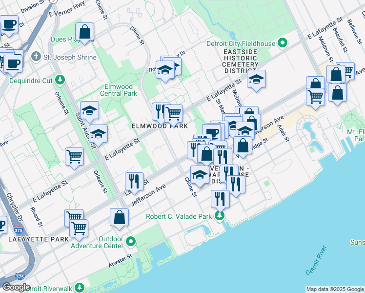 map of restaurants, bars, coffee shops, grocery stores, and more near 670 Chene Street in Detroit