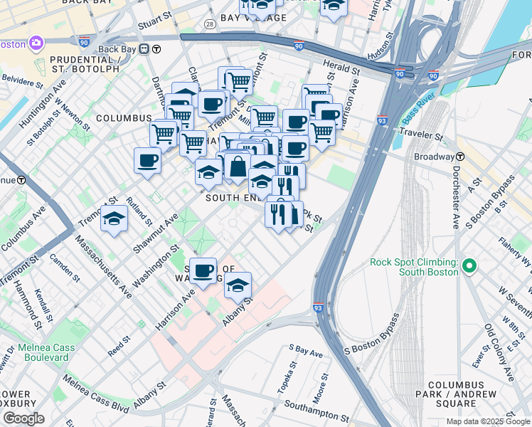map of restaurants, bars, coffee shops, grocery stores, and more near 618 Harrison Avenue in Boston