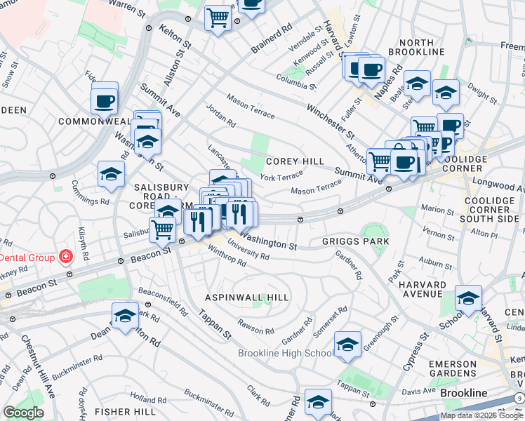 map of restaurants, bars, coffee shops, grocery stores, and more near 5 Mason Terrace in Brookline
