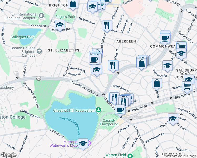 map of restaurants, bars, coffee shops, grocery stores, and more near 186 Chestnut Hill Avenue in Boston