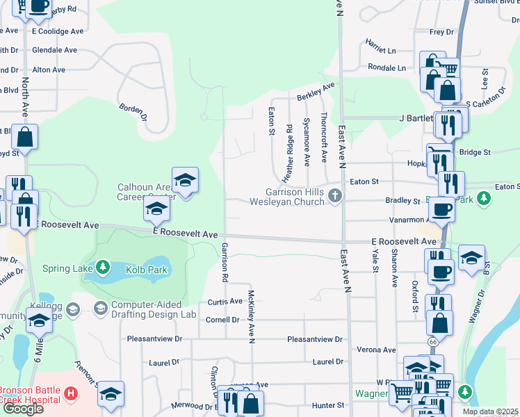 map of restaurants, bars, coffee shops, grocery stores, and more near 632 Garrison Road in Battle Creek