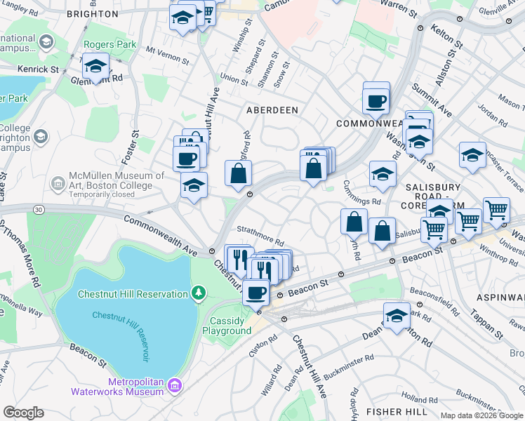 map of restaurants, bars, coffee shops, grocery stores, and more near 8 Kinross Road in Boston