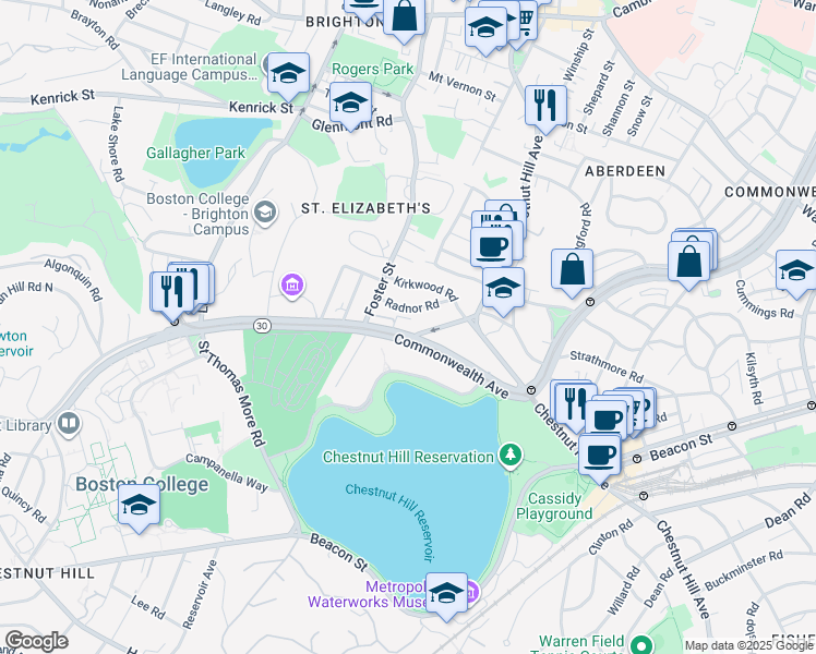 map of restaurants, bars, coffee shops, grocery stores, and more near 15 Radnor Road in Boston